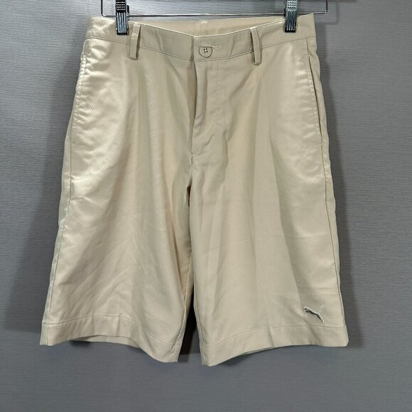 Puma Shorts Boys Large Tech Shorts Beige Srtetch Pockets Bermuda Logo - Picture 1 of 6